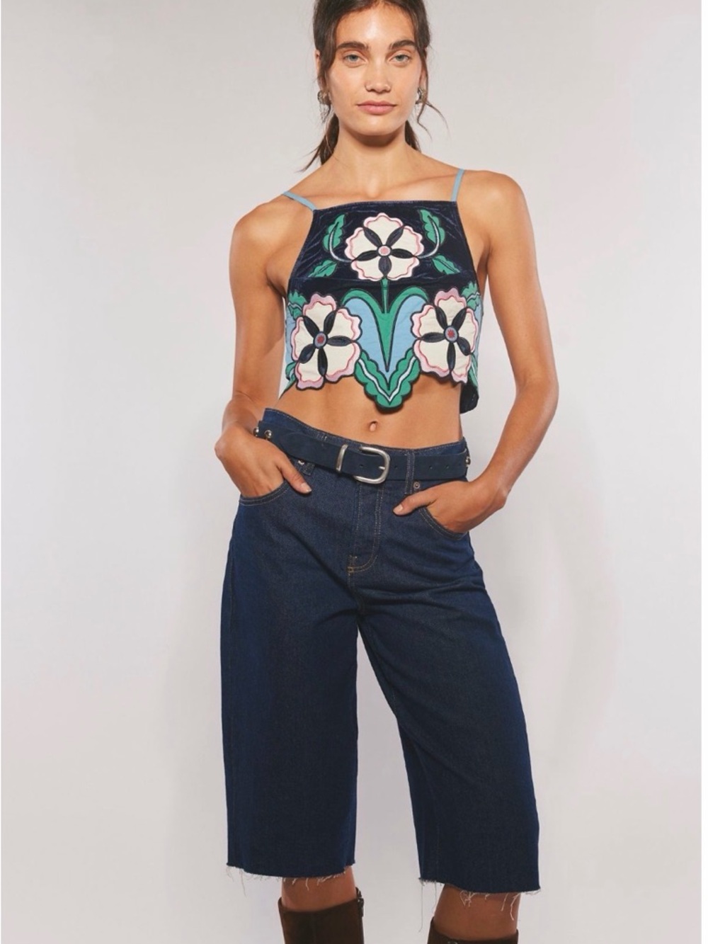 Free People Embroidered Floral Cropped Velvet Lotus Appliqué Top in Navy & Mint - Picture 2 of 6